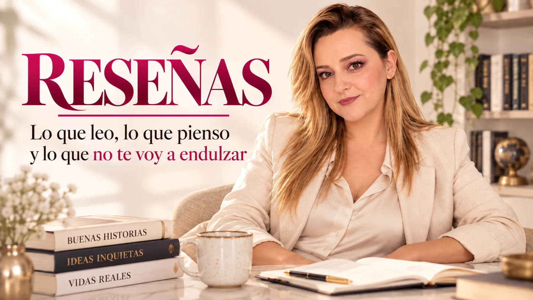 Reseñas. Lo que leo, lo que pienso y lo que no te voy a endulzar. Yenny Astrid Londoño sentada junto a una pila de libros.