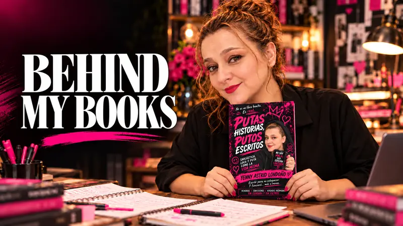 Yenny Astrid Londoño holding her book Putas historias, putos escritos, wearing a black blouse