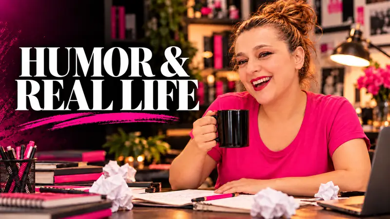 Yenny Astrid Londoño laughing with a coffee mug and a fuchsia shirt