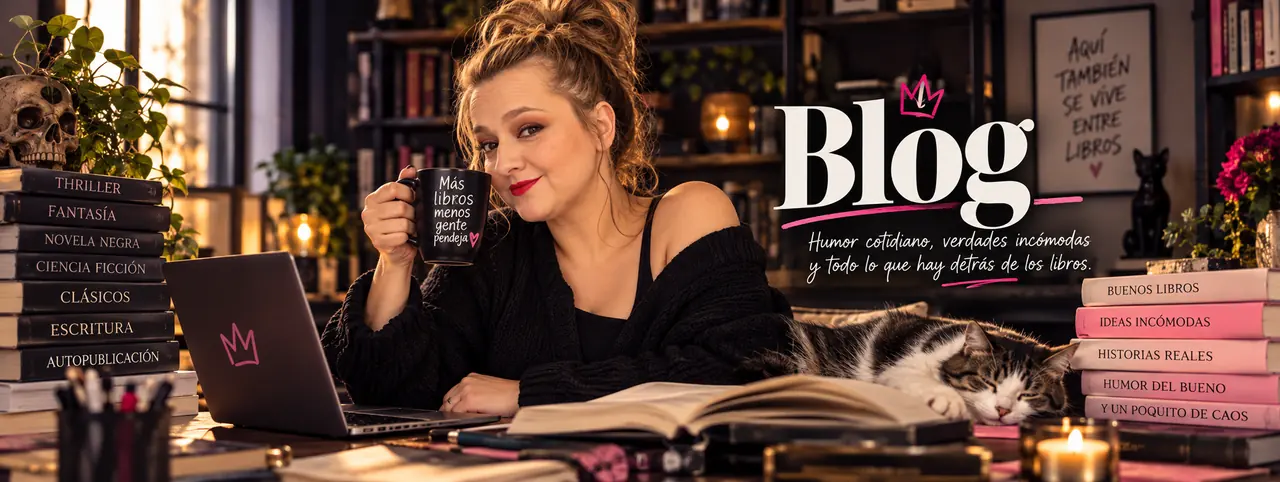 Yenny Astrid Londoño sentada frente a su laptop, con libros, una taza de café y una gata durmiendo, bajo el título Blog