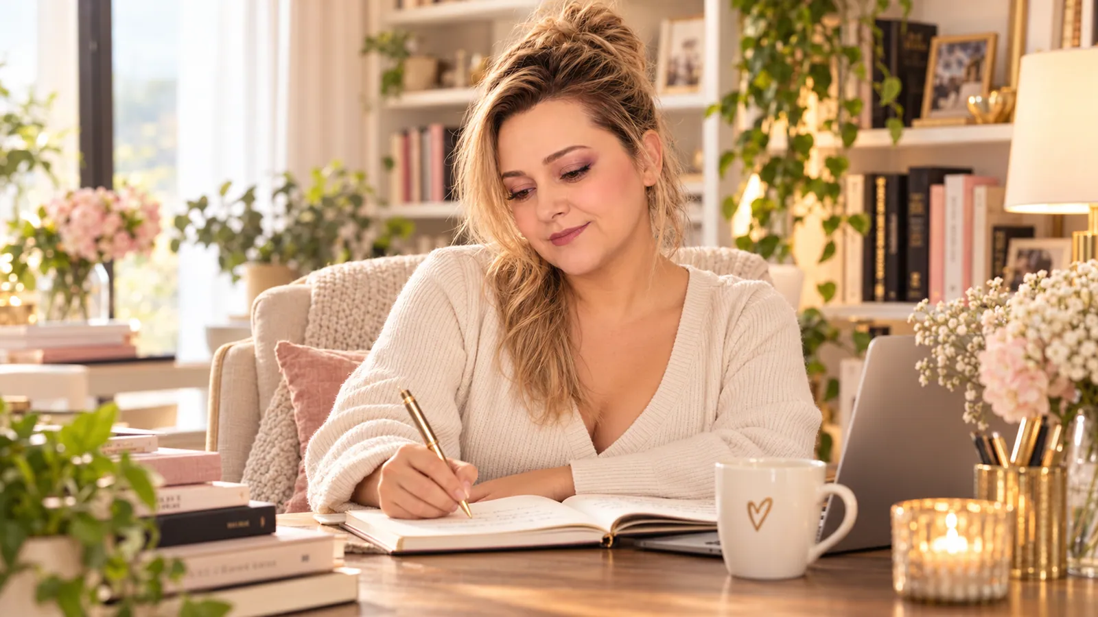 Yenny Astrid Londoño escribiendo a mano en un cuaderno, en un escritorio con libros, flores y una taza