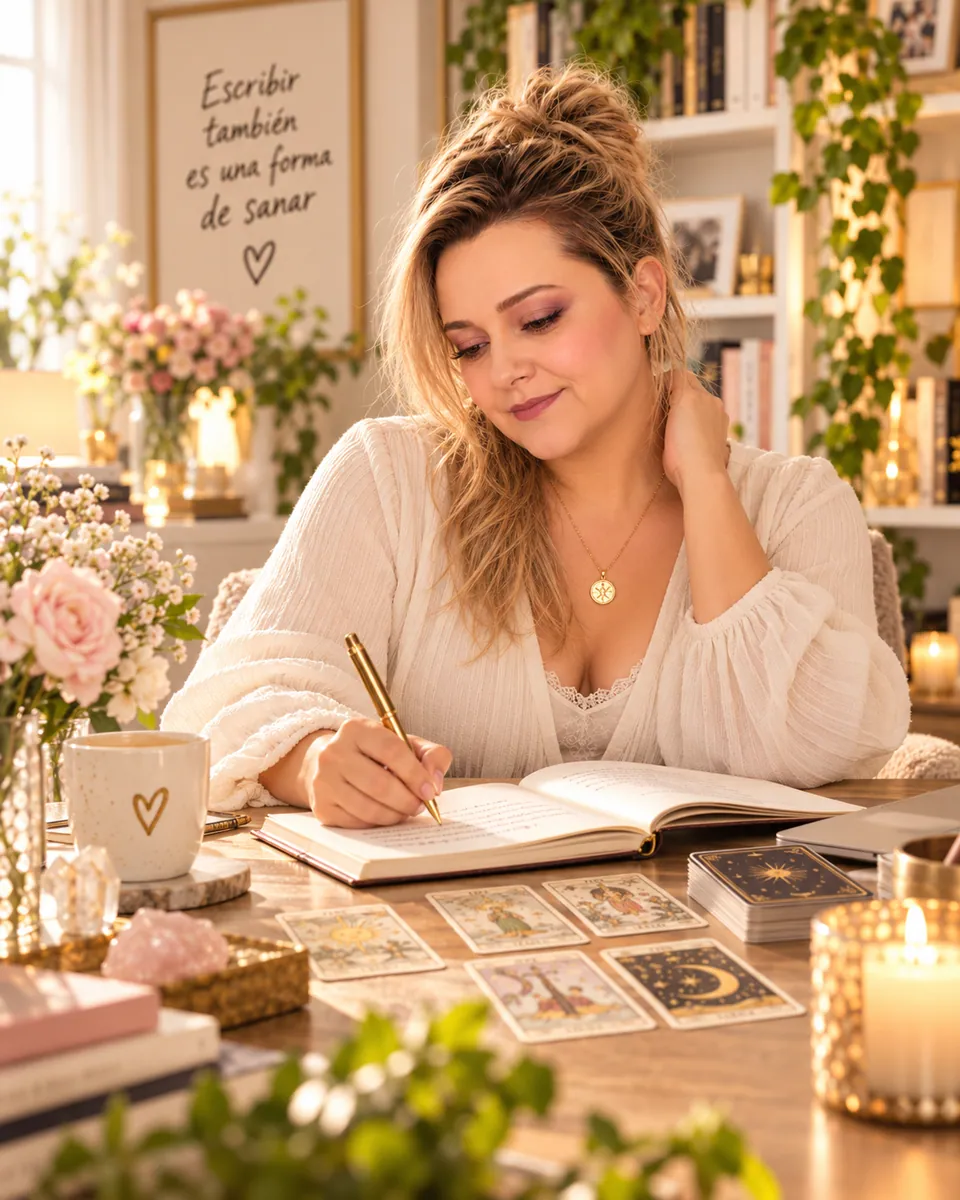 Yenny Astrid Londoño escribiendo en un cuaderno, con cartas de tarot sobre la mesa