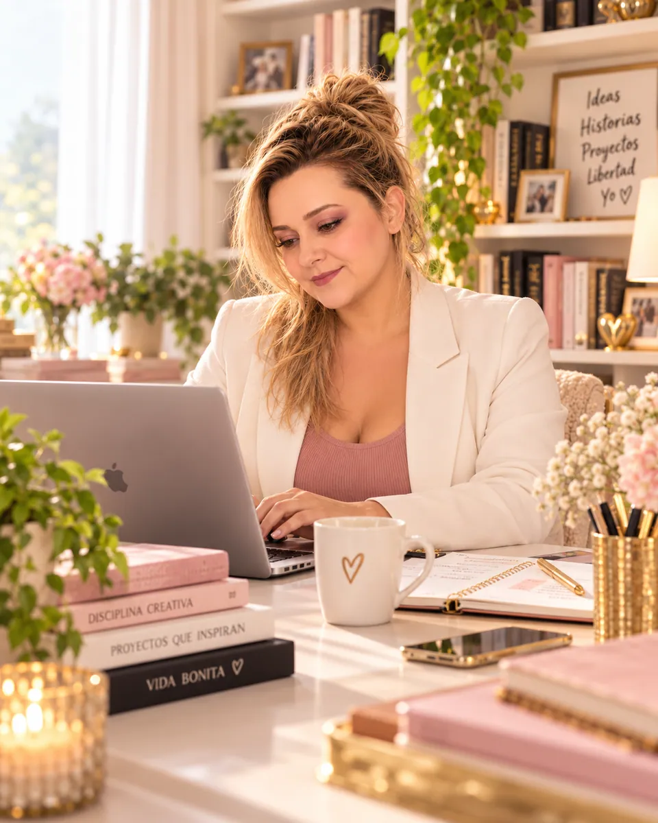Yenny Astrid Londoño trabajando en su computador portátil, con libros, un cuaderno y una taza sobre el escritorio