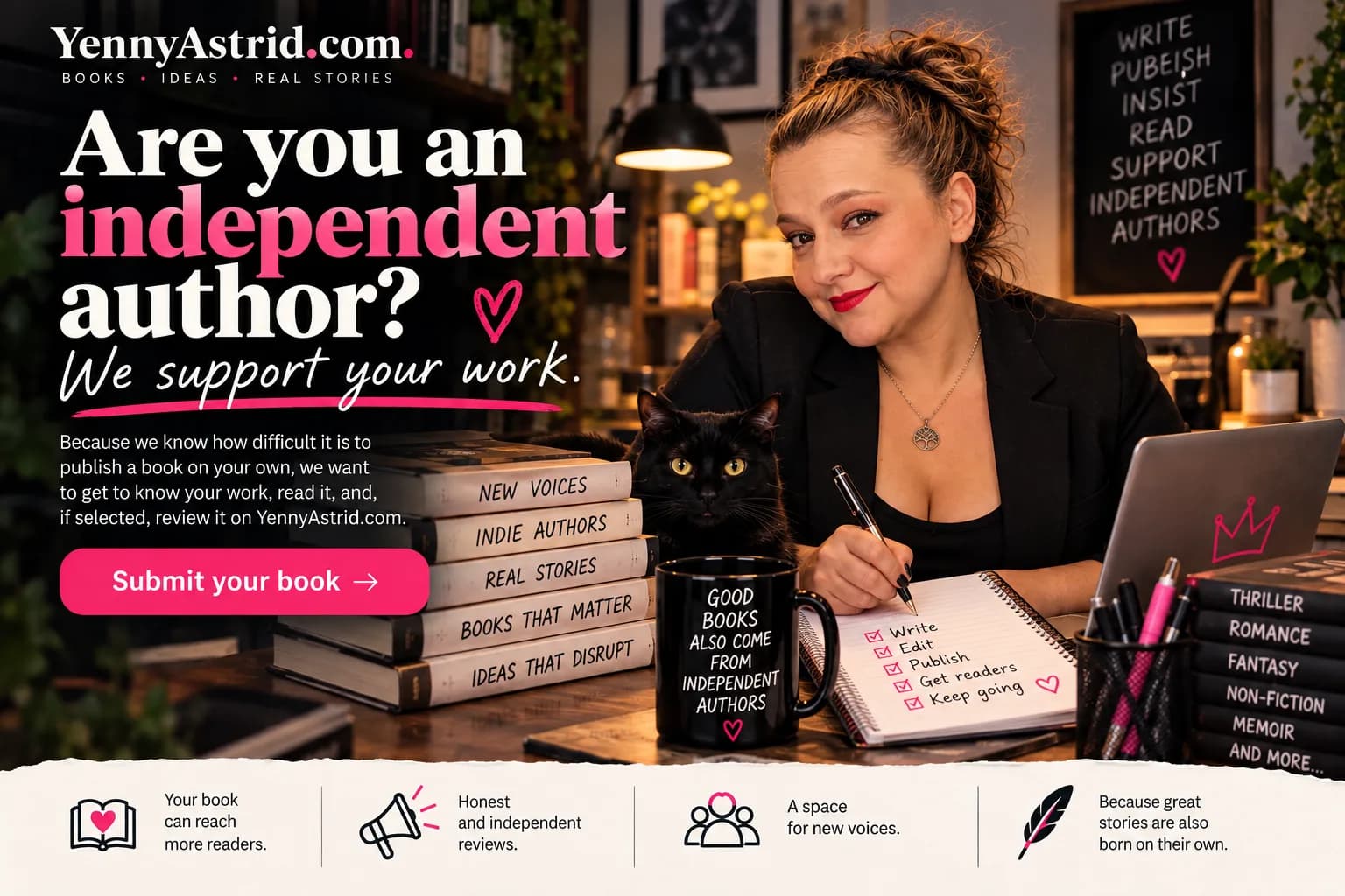 Yenny Astrid Londoño at her desk beside a stack of books and a mug that reads “Good books also come from independent authors,” with the headline “Are you an independent author? We support your work.”