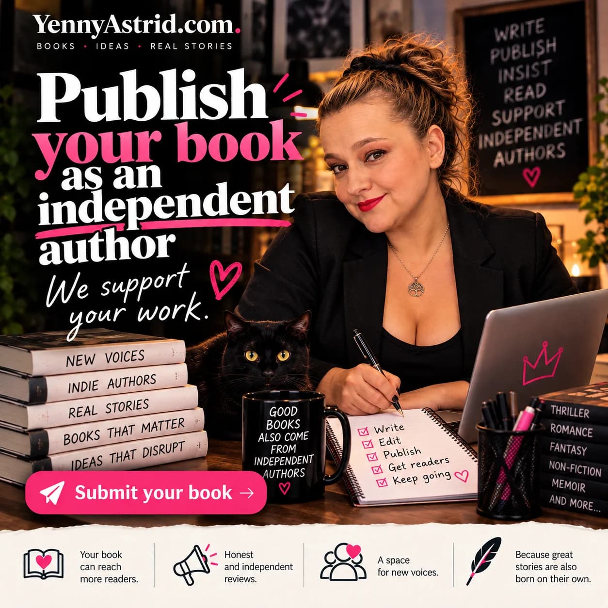 Yenny Astrid Londoño writing in a notebook with her cat beside a stack of books, with the headline “Publish your book as an independent author. We support your work.” and a “Submit your book” button