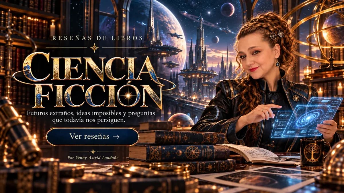 Reseñas de ciencia ficción Yenny Astrid Londoño frente a una ciudad futurista y una pantalla holográfica con una galaxia en espiral. Dice «Ciencia ficción».