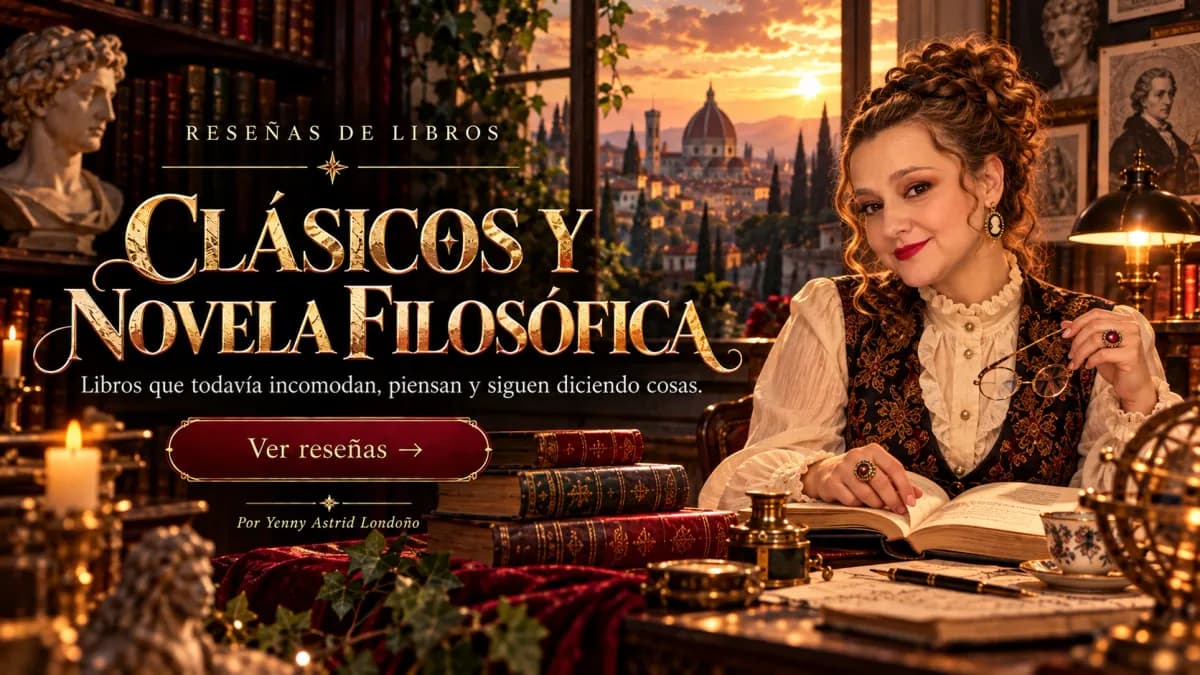 Reseñas de clásicos y novela filosófica Yenny Astrid Londoño con lentes en la mano, junto a un libro abierto, un busto clásico y una vista a una ciudad al atardecer. Dice «Clásicos y novela filosófica».