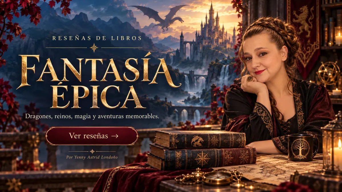 Reseñas de fantasía épica Yenny Astrid Londoño con vestido oscuro bordado, con un dragón y un castillo sobre montañas. Dice «Fantasía épica».