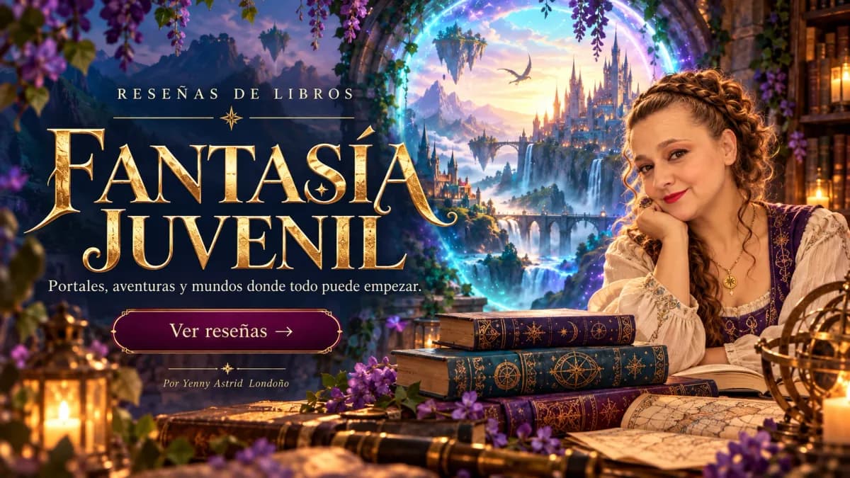 Reseñas de fantasía juvenil Yenny Astrid Londoño con chaleco morado junto a un portal que muestra un castillo y islas flotantes. Dice «Fantasía juvenil».