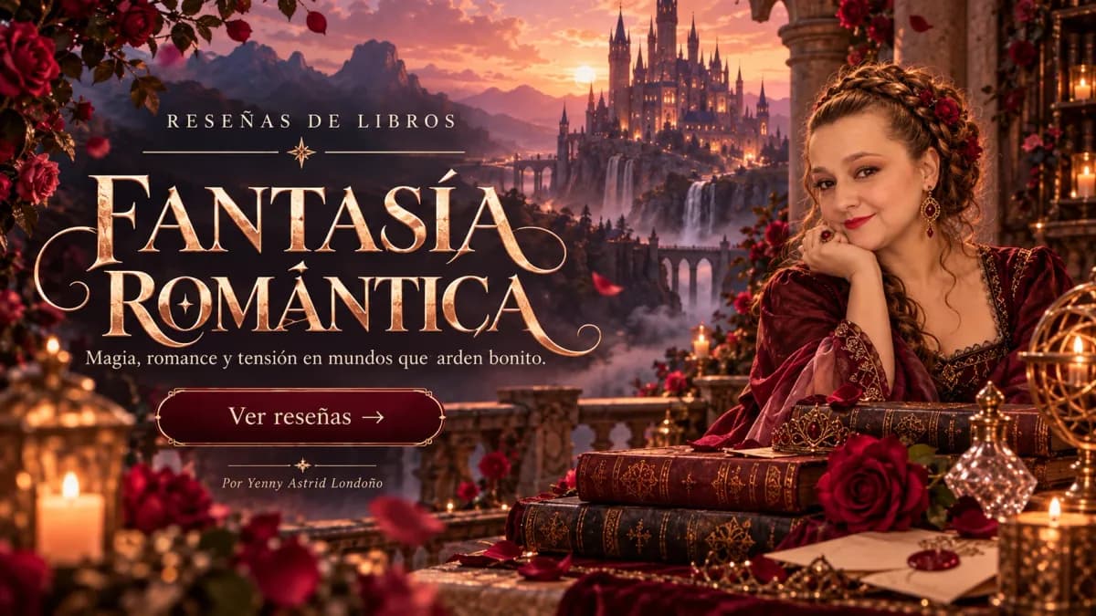 Reseñas de fantasía romántica Yenny Astrid Londoño con vestido granate frente a un castillo al atardecer y rosas. Dice «Fantasía romántica».