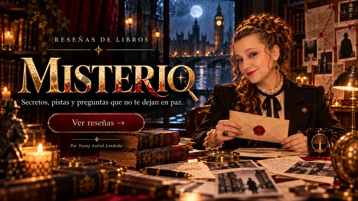 Reseñas de misterio Yenny Astrid Londoño sosteniendo un sobre con sello de cera, frente a una ventana con el Big Ben y un tablero de pistas. Dice «Misterio».