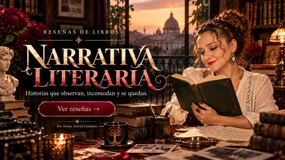 Reseñas de narrativa literaria Yenny Astrid Londoño leyendo en una biblioteca clásica al atardecer. La imagen dice «Narrativa literaria».