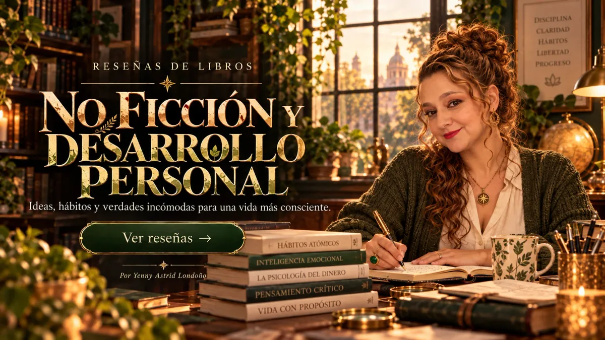 Reseñas de no ficción y desarrollo personal Yenny Astrid Londoño escribiendo en una libreta junto a una pila de libros de no ficción y una ventana con plantas. Dice «No ficción y desarrollo personal».