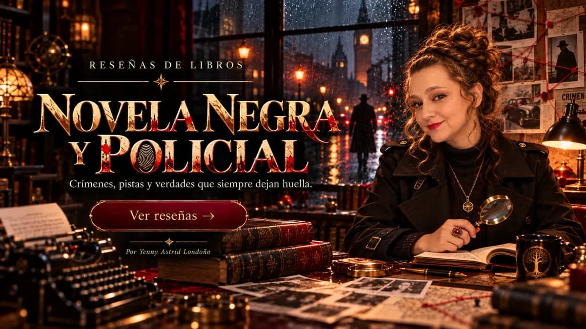 Reseñas de novela negra y policial Yenny Astrid Londoño con una lupa en la mano, frente a una ventana con lluvia, una silueta bajo un farol y fotos en un tablero de recortes. Dice «Novela negra y policial».