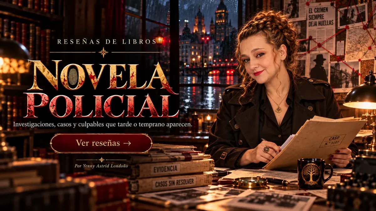 Reseñas de novela policial Yenny Astrid Londoño revisando un expediente, con un tablero de recortes y una ciudad nocturna detrás. Dice «Novela policial».