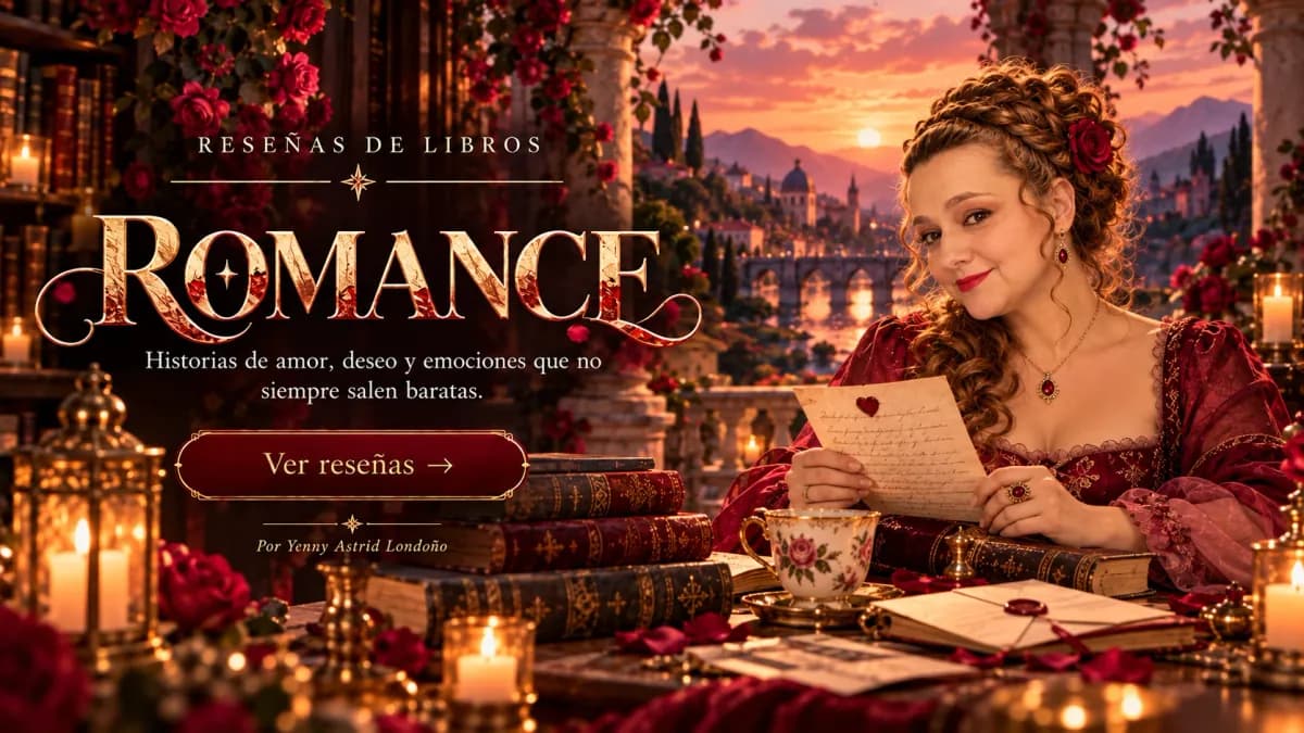 Reseñas de romance Yenny Astrid Londoño leyendo una carta con sello de cera, con un vestido granate, rosas y una taza de té. Dice «Romance».