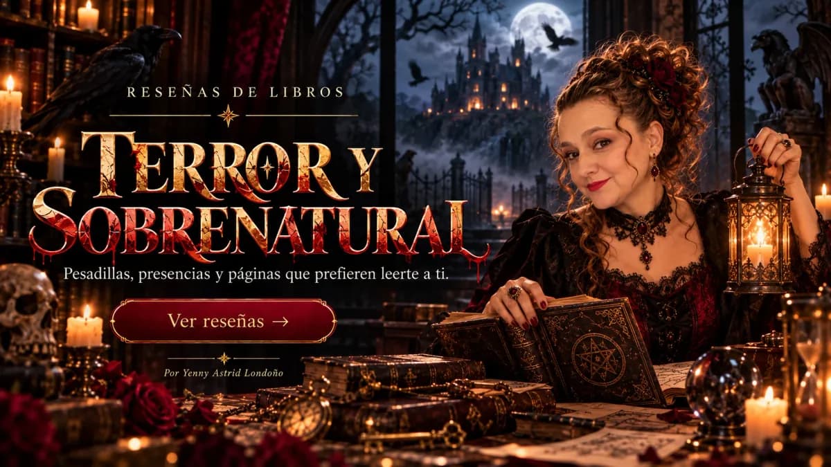 Reseñas de terror y sobrenatural Yenny Astrid Londoño con un farol y un libro de conjuros frente a un castillo bajo la luna llena. Dice «Terror y sobrenatural».
