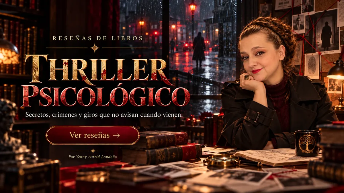 Reseñas de thriller psicológico Yenny Astrid Londoño con el codo sobre una mesa de lectura, una ventana con lluvia y un tablero de recortes detrás. Dice «Thriller psicológico».