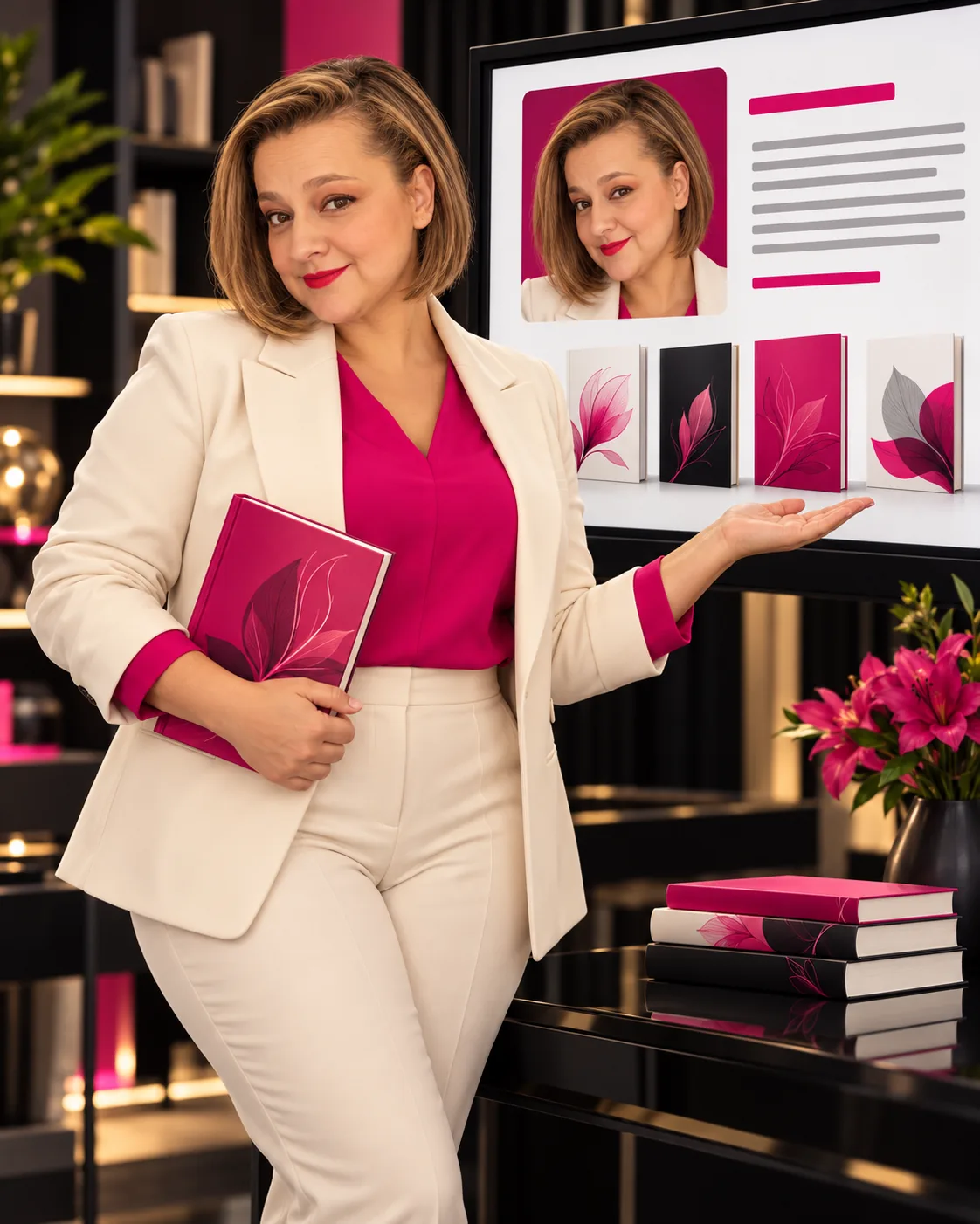 Yenny Astrid Londoño muestra en una pantalla una página de autora con su foto y sus libros