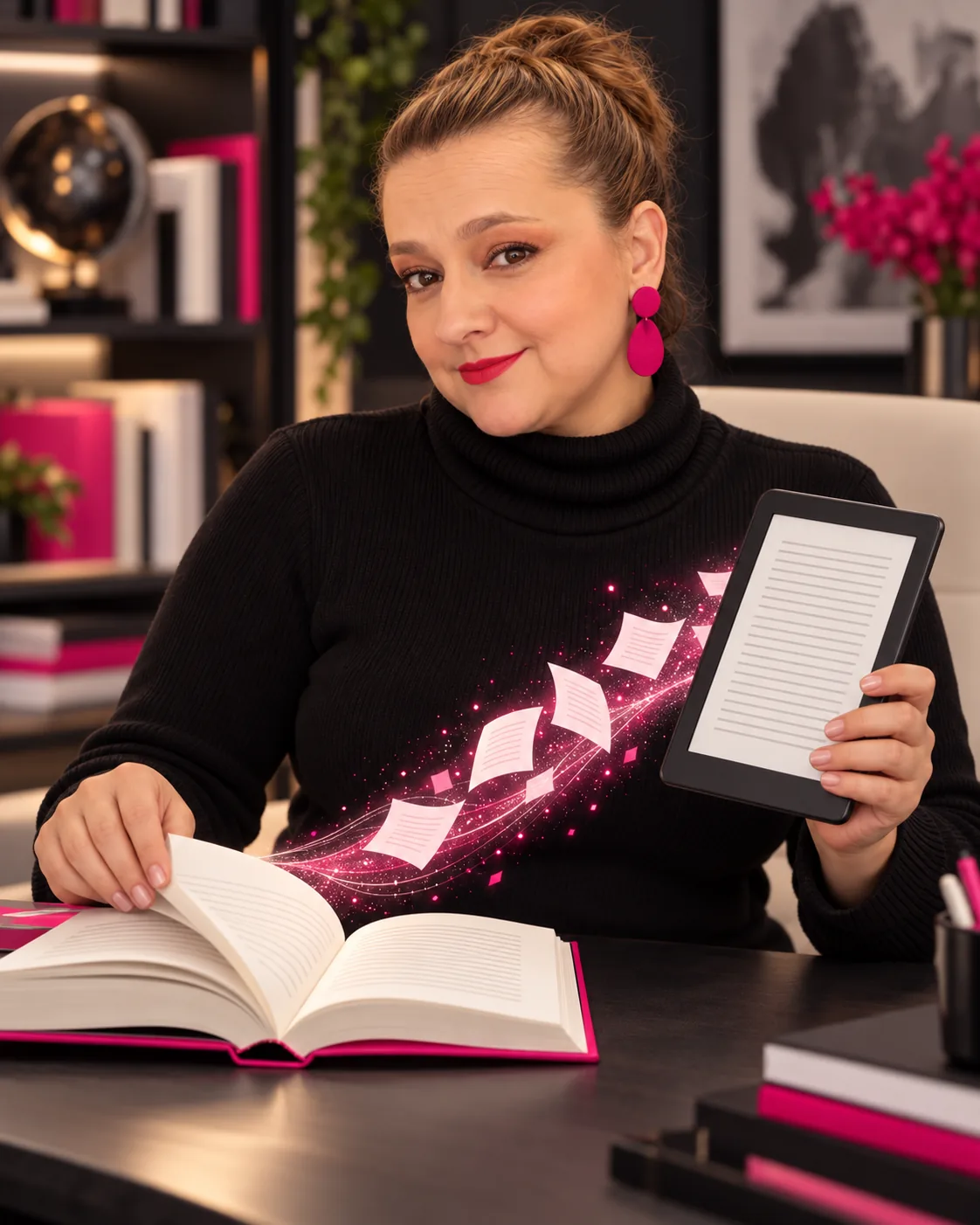 Yenny Astrid Londoño sostiene un lector Kindle mientras las páginas de un libro impreso pasan a la pantalla