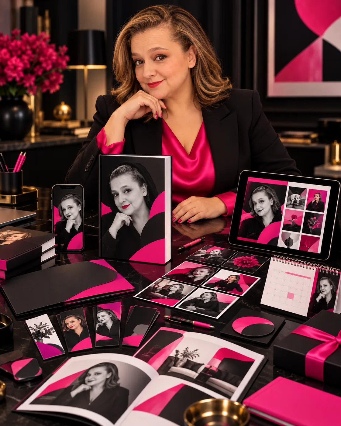 Yenny Astrid Londoño rodeada de piezas promocionales de un libro: portadas, separadores, postales y versiones para móvil y tableta