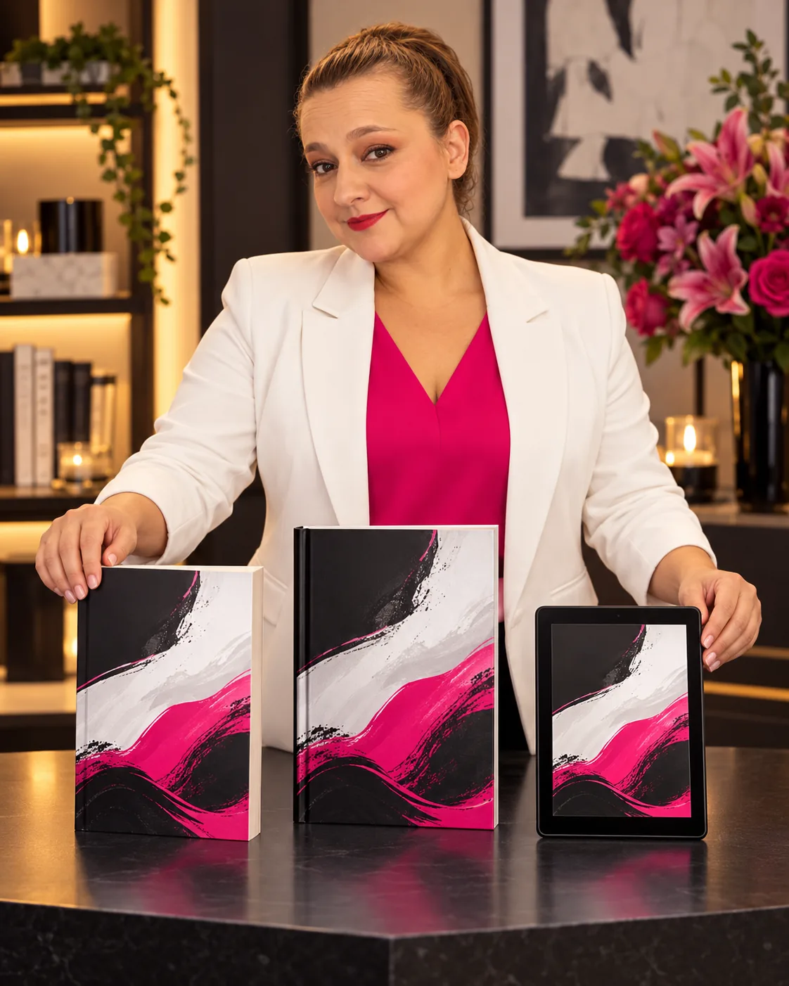 Yenny Astrid Londoño con la versión impresa y la versión digital del mismo libro sobre la mesa