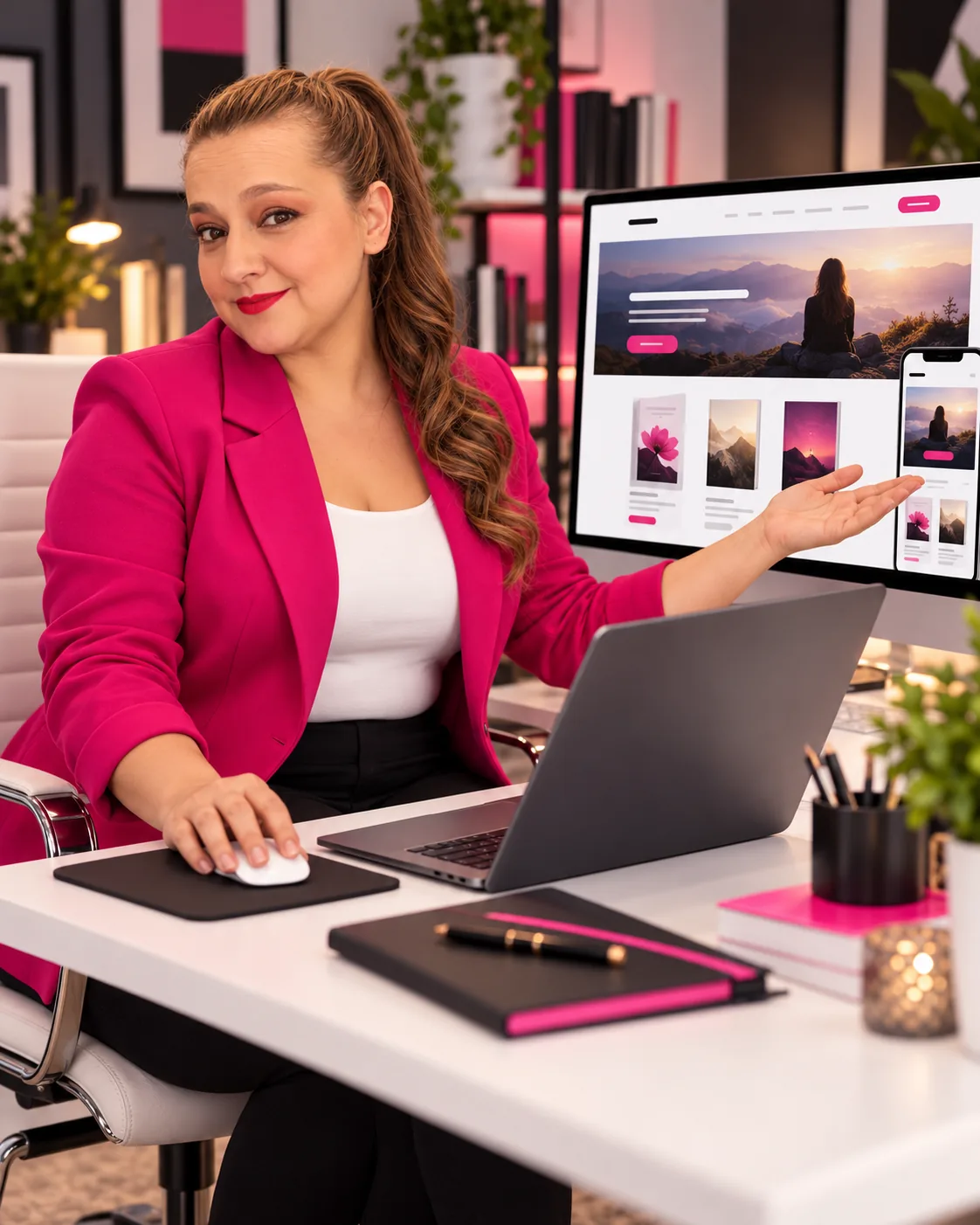 Yenny Astrid Londoño muestra un sitio web en un monitor y en un teléfono móvil