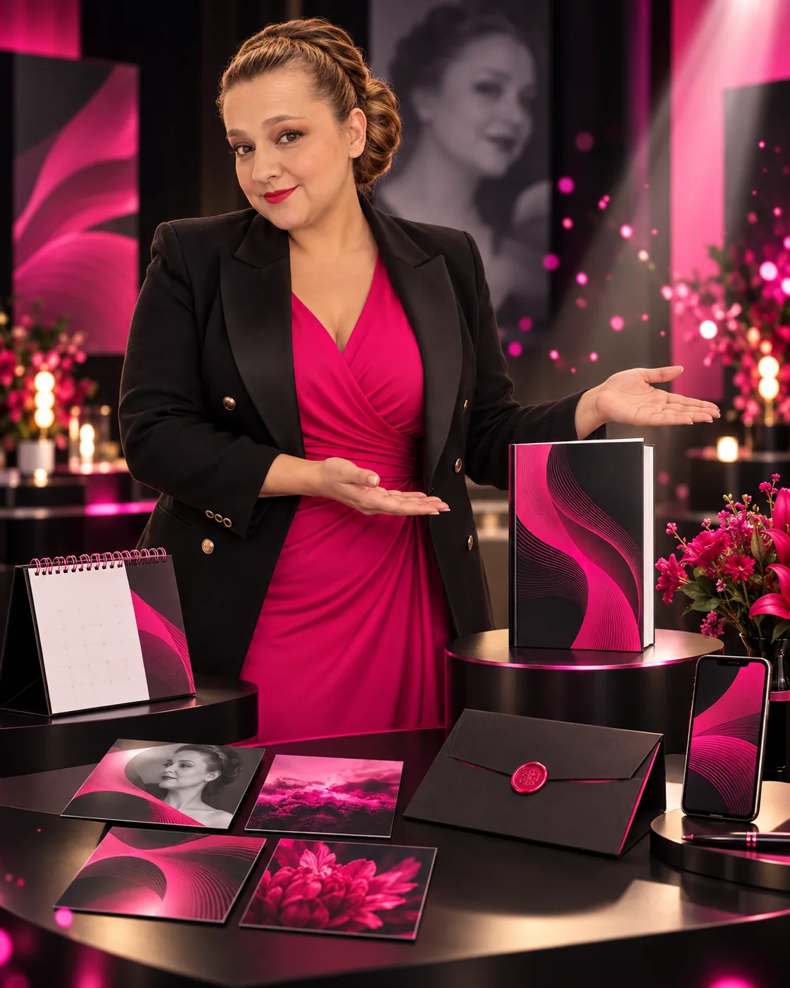 Yenny Astrid Londoño presenta el material de lanzamiento de un libro: ejemplares, postales, calendario y tarjetas