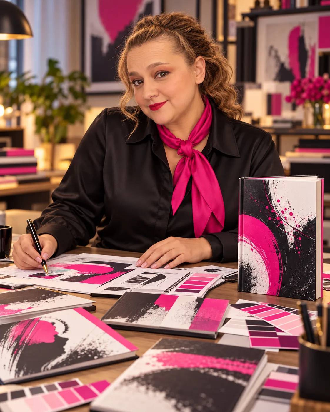 Yenny Astrid Londoño dibuja bocetos de portada en negro y fucsia junto a un libro terminado