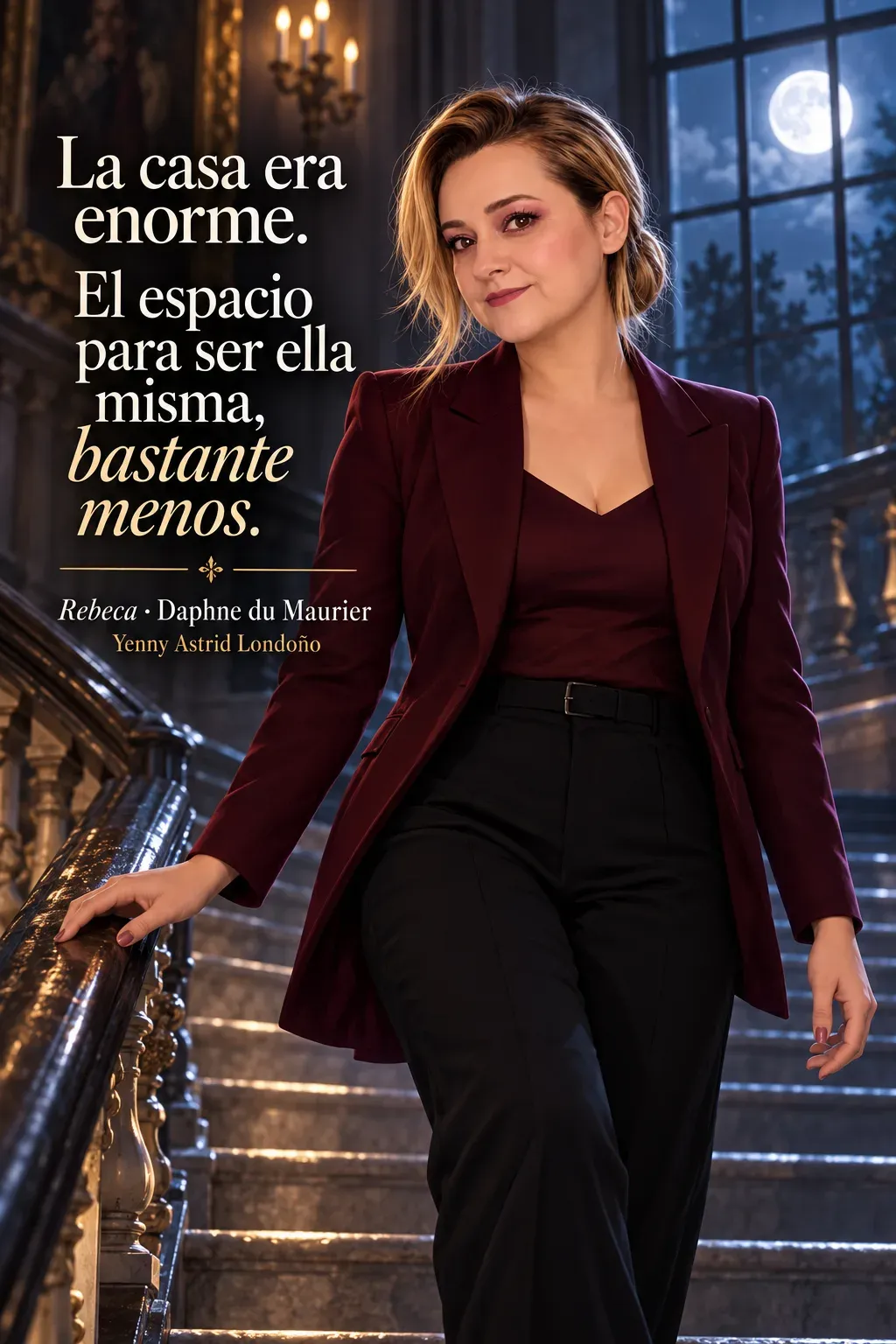 Yenny con traje burdeos camina por la escalera iluminada por la luna de una mansión.