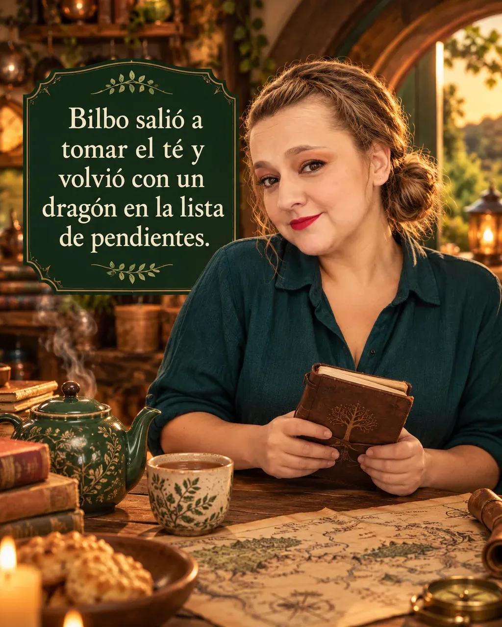Imagen de la reseña del libro «El hobbit», escrita por Yenny Astrid Londoño. Ilustración de El hobbit, de J. R. R. Tolkien, con un texto superpuesto: «Bilbo salió a tomar el té y volvió con un dragón en la lista de pendientes».