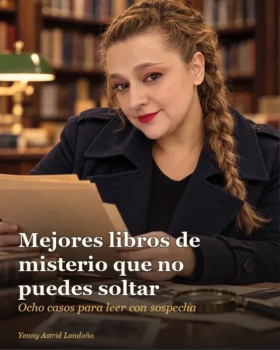 Portada del artículo «Mejores libros de misterio que no puedes soltar: ocho casos para leer con sospecha», escrito por Yenny Astrid Londoño. Yenny observa un tablero de investigación con notas, fotografías ficticias y varias novelas de misterio.