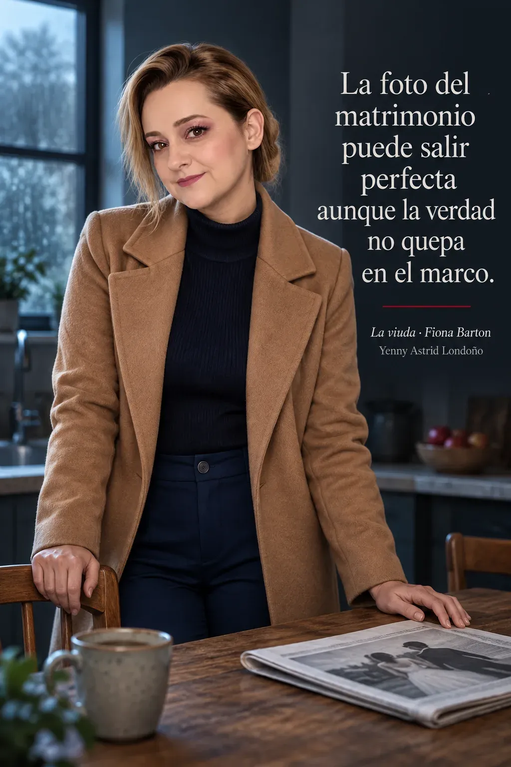 Yenny con abrigo camel y pantalón azul en una cocina con periódico doblado.