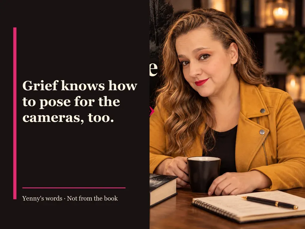 Image from Yenny Astrid Londoño’s review of “The Snow Girl”. Illustration of La chica de nieve, by Javier Castillo, with overlaid text: «Grief knows how to pose for the cameras, too.»