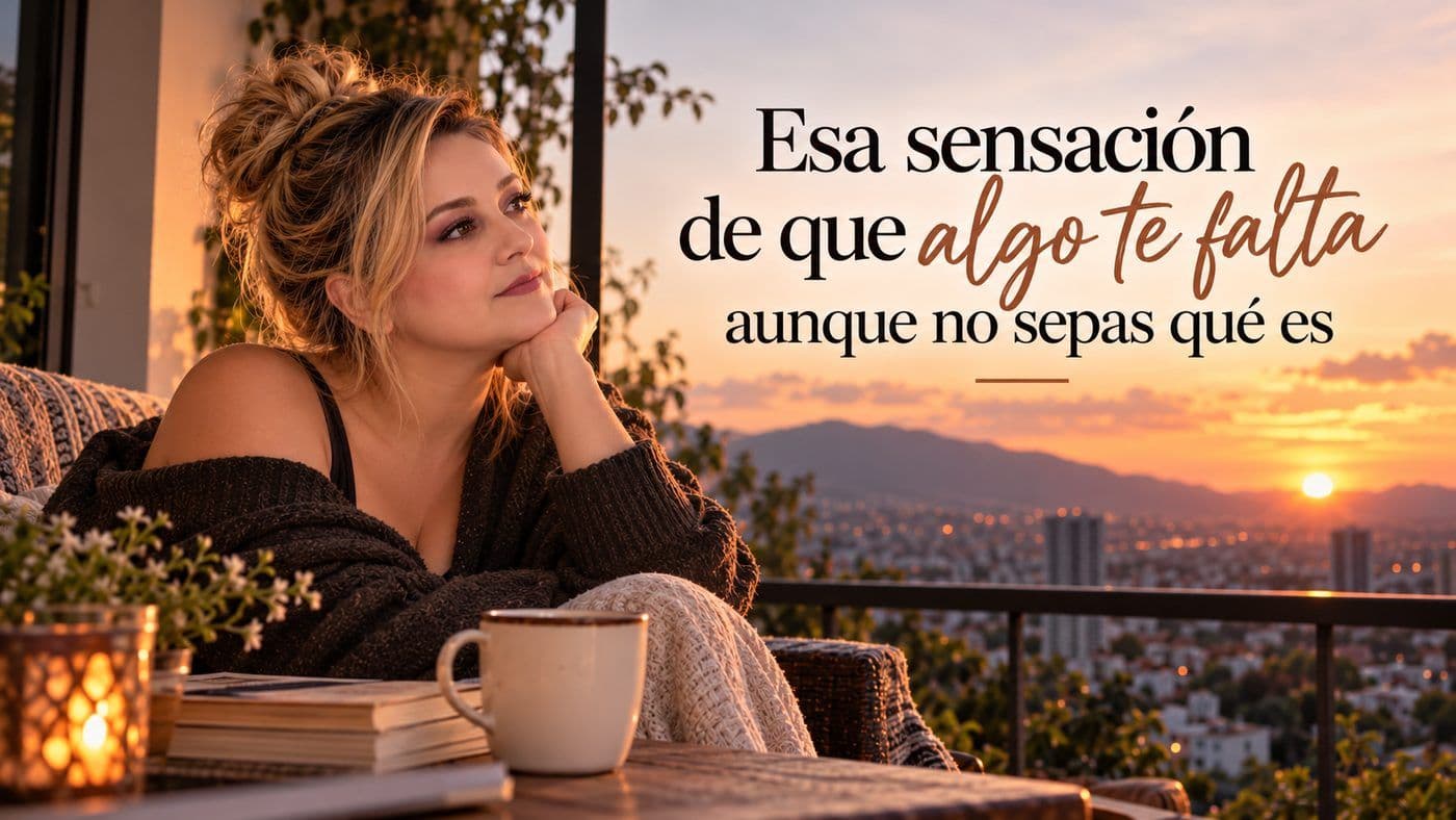 Portada del artículo «Esa sensación de que algo te falta aunque no sepas qué es», escrito por Yenny Astrid Londoño. Yenny Astrid Londoño en una terraza al atardecer, junto a la frase «Esa sensación de que algo te falta aunque no sepas qué es»