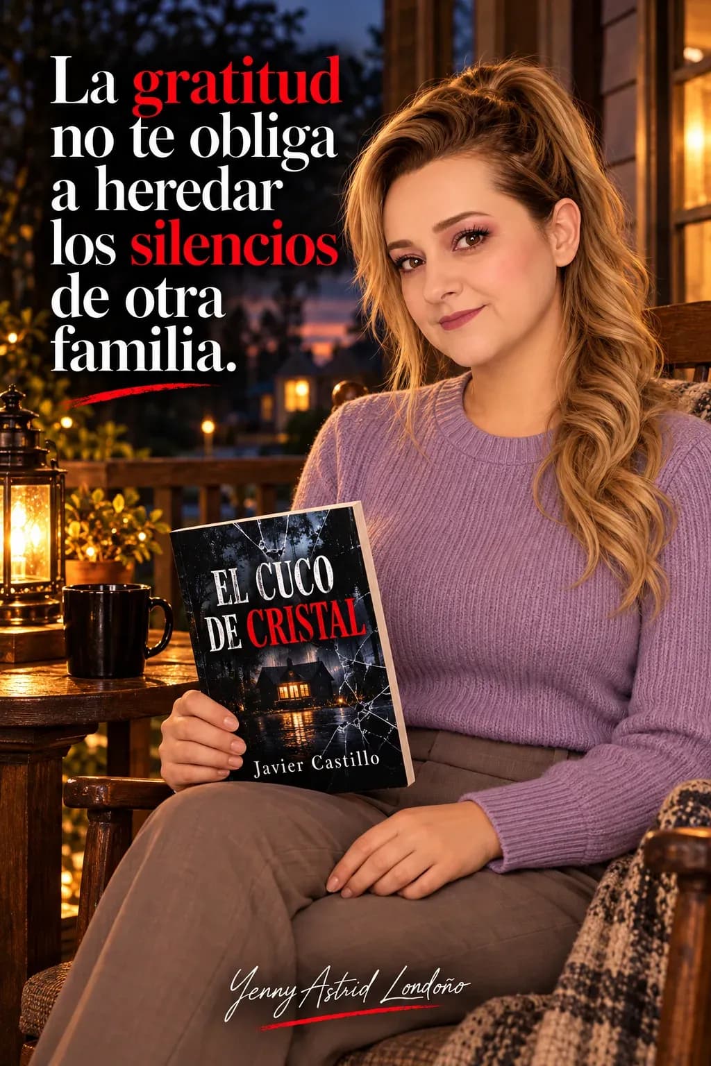 Yenny con coleta rizada y jersey lila, sentada en una terraza de madera con El cuco de cristal; frase del libro sobre gratitud y silencios familiares.