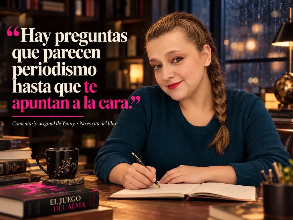 Imagen de la reseña del libro «El juego del alma», escrita por Yenny Astrid Londoño. Ilustración de El juego del alma, de Javier Castillo, con un texto superpuesto: «Hay preguntas que parecen periodismo hasta que te apuntan a la cara».