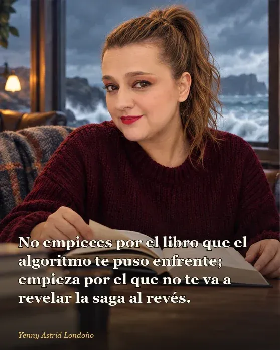 Portada del artículo «Mejores libros de Javier Castillo: por cuál empezar sin perderte entre los giros», escrito por Yenny Astrid Londoño. Yenny abre un expediente junto a una ventana con lluvia; al fondo, una biblioteca y una luz de escritorio.