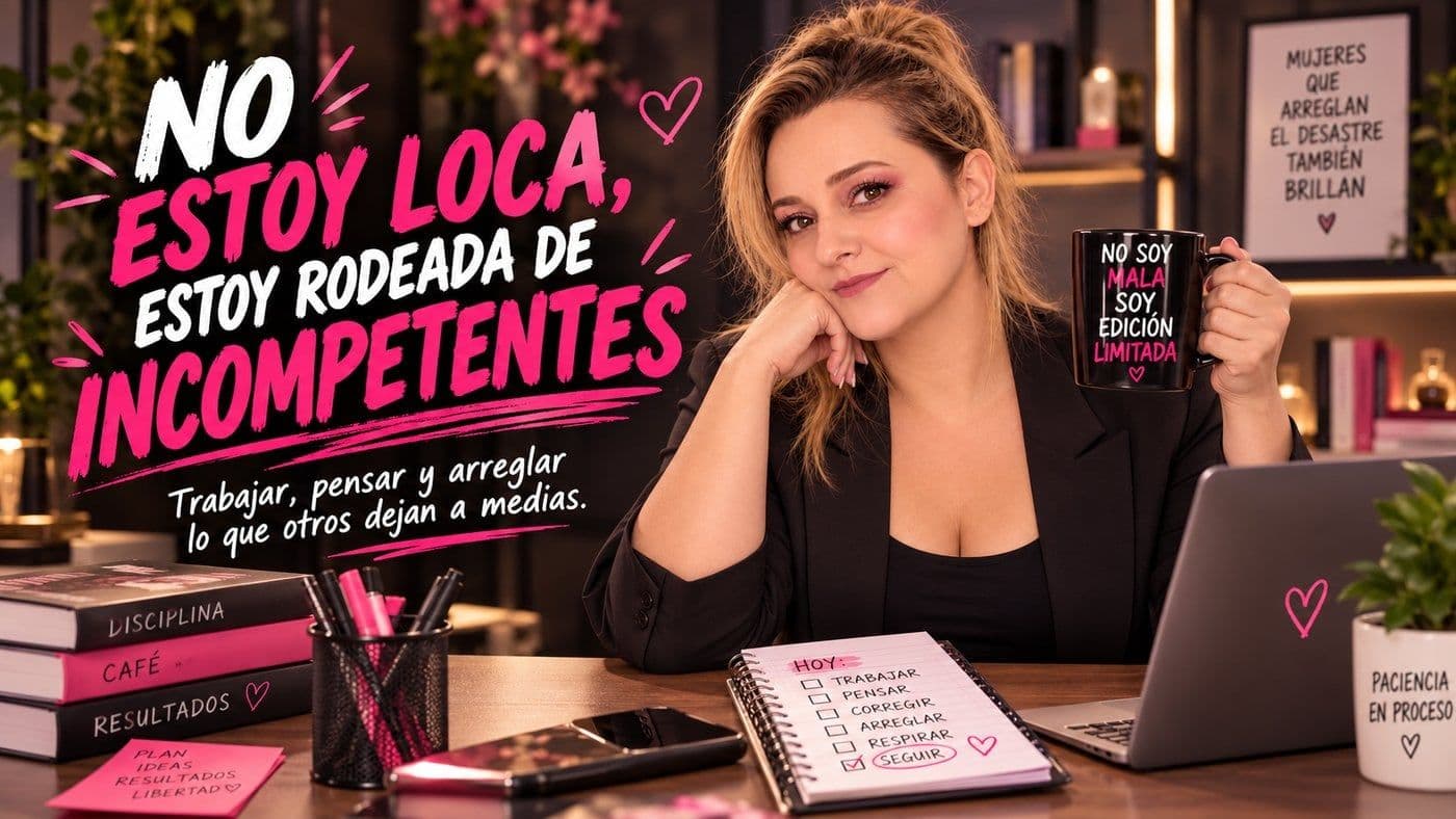 Portada del artículo «No estoy loca. Estoy cansada de pensar por todo el mundo.», escrito por Yenny Astrid Londoño. Yenny Astrid en su escritorio con la frase No estoy loca, estoy rodeada de incompetentes