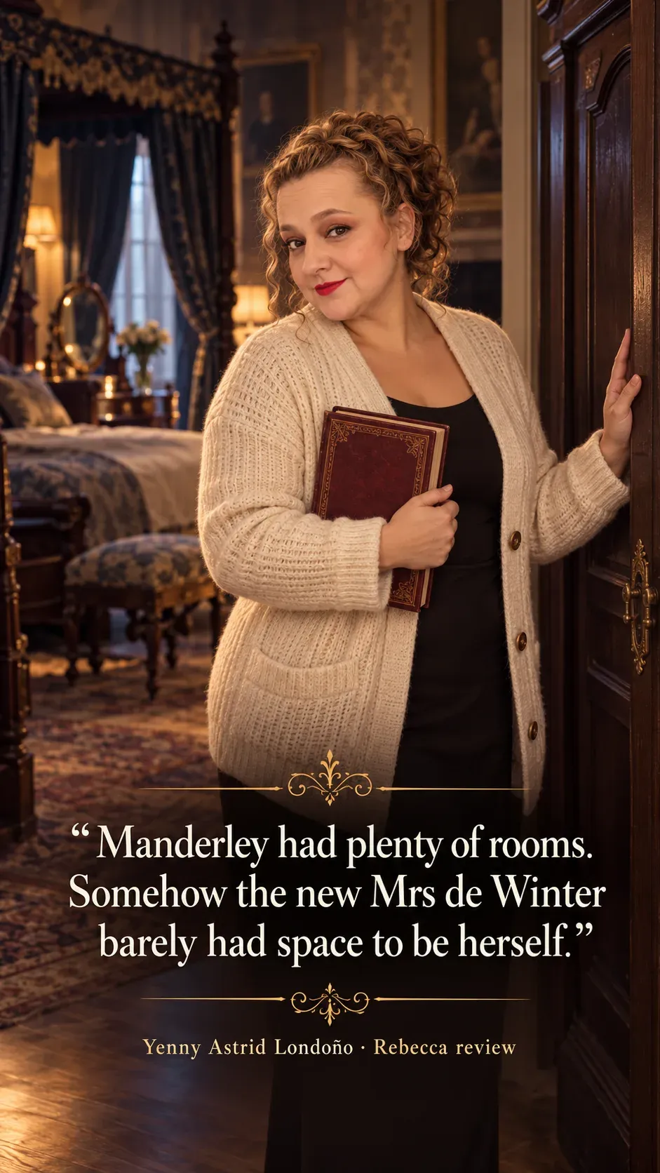 Image from Yenny Astrid Londoño’s review of “Rebecca”. Yenny in a cream cardigan holding a book at the entrance to a vast bedroom. Text: Manderley had plenty of rooms. Somehow the new Mrs de Winter barely had space to be herself.