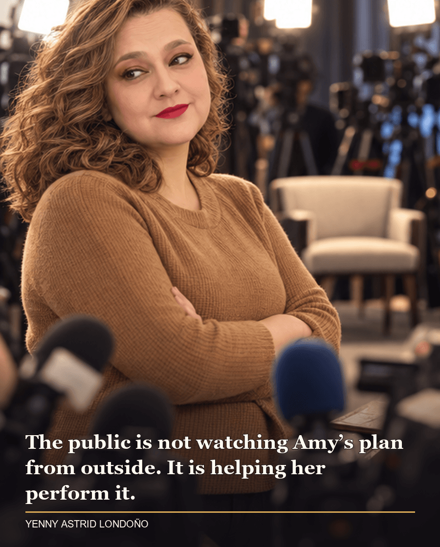 Image from Yenny Astrid Londoño’s review of “Gone Girl”. Yenny under blurred studio lights as cameras and microphones frame a missing-person news spectacle. Text: The public is not watching Amy’s plan from outside. It is helping her perform it.