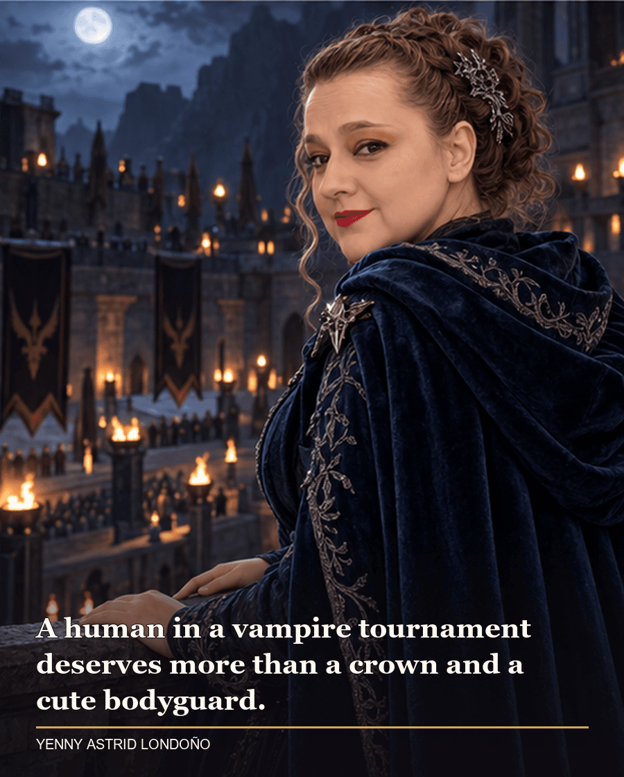 Image from Yenny Astrid Londoño’s review of “The Serpent & the Wings of Night”. Yenny in a midnight-blue cloak at a moonlit fortress railing. Text: A human in a vampire tournament deserves more than a crown and a cute bodyguard.