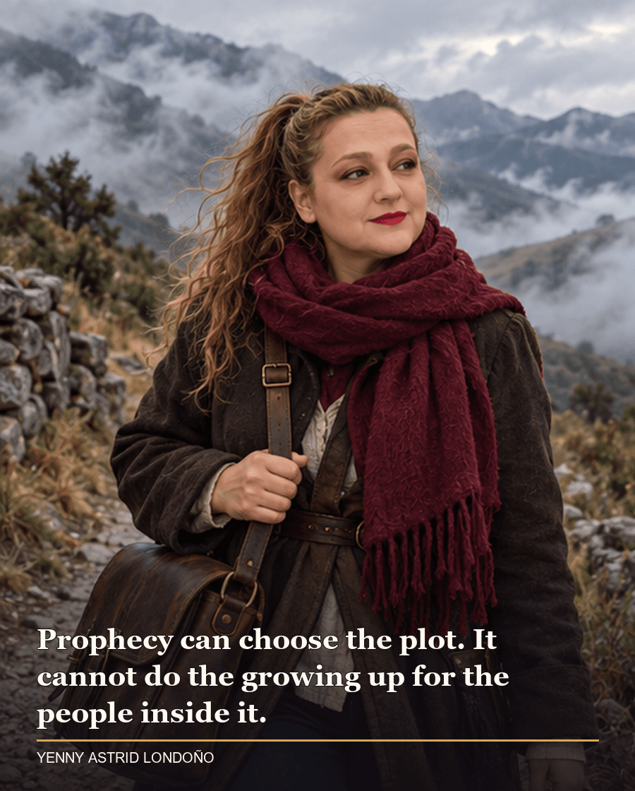 Image from Yenny Astrid Londoño’s review of “The Eye of the World”. Yenny in a burgundy scarf on a misty mountain road carrying a travel satchel. Text: Prophecy can choose the plot. It cannot do the growing up for the people inside it.