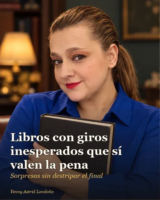 Portada del artículo «Libros con giros inesperados que sí valen la pena: sorpresas sin destripar el final», escrito por Yenny Astrid Londoño. Yenny sostiene un thriller cerrado frente a un tablero de notas con una pieza de rompecabezas en primer plano.