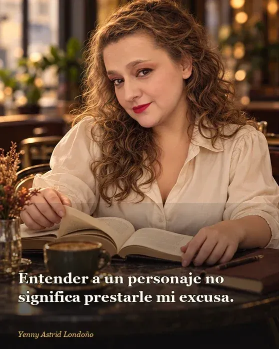Imagen del artículo «Libros donde nadie es buena persona y por eso uno no puede dejar de mirar», escrito por Yenny Astrid Londoño. Yenny Astrid Londoño hojeando un thriller en una mesa iluminada, con dos fichas de personajes separadas por una