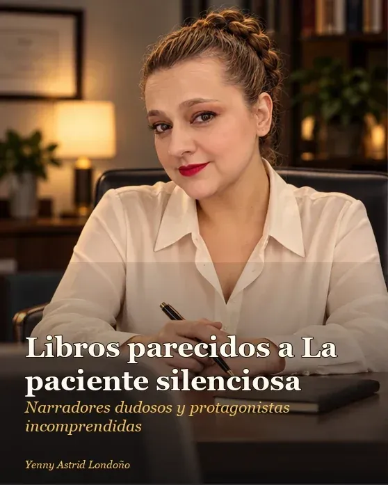 Portada del artículo «Libros parecidos a *La paciente silenciosa*: qué leer después de Alicia», escrito por Yenny Astrid Londoño. Yenny observa un expediente y una silla vacía en una sala de terapia con luz tenue; portada de recomendaciones para La