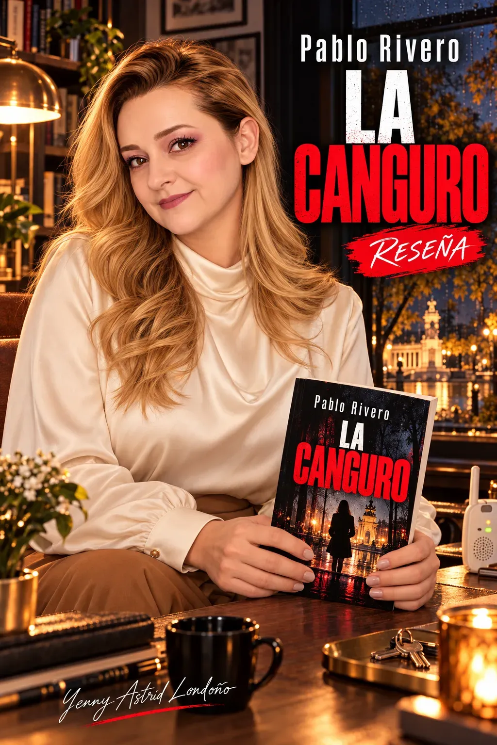 Yenny con cabello ondulado y blusa marfil, sosteniendo La canguro con ambas manos en una sala de lectura con monitor de bebé sobre la mesa.