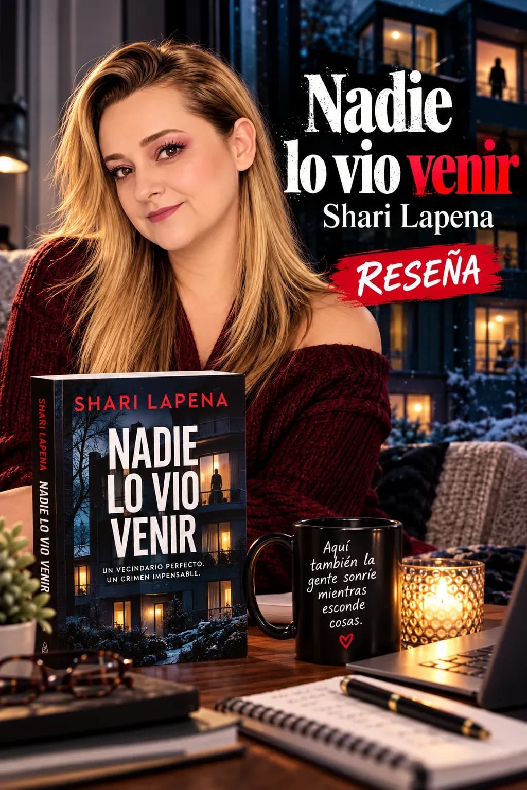 Yenny Astrid Londoño con Nadie lo vio venir, de Shari Lapena, sobre la mesa junto a una taza, una vela y un portátil, con el título de la reseña superpuesto en la imagen.