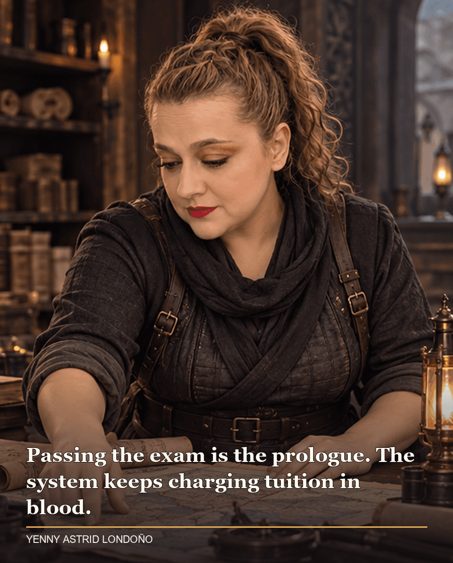 Image from Yenny Astrid Londoño’s review of “The Poppy War”. Yenny in charcoal training clothes studying a map at a wooden desk after academy hours. Text: Passing the exam is the prologue. The system keeps charging tuition in blood.