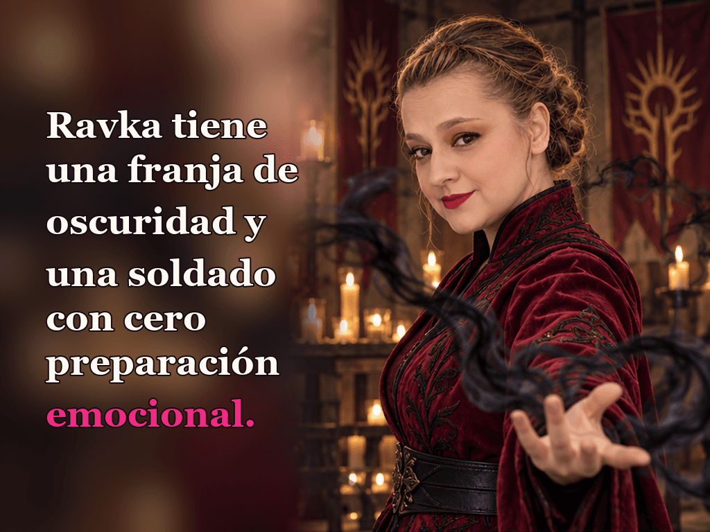 Imagen de la reseña del libro «Sombra y hueso», escrita por Yenny Astrid Londoño. Ilustración de Sombra y hueso, de Leigh Bardugo, con un texto superpuesto: «Ravka tiene una franja de oscuridad y una soldado con cero preparación emocional».